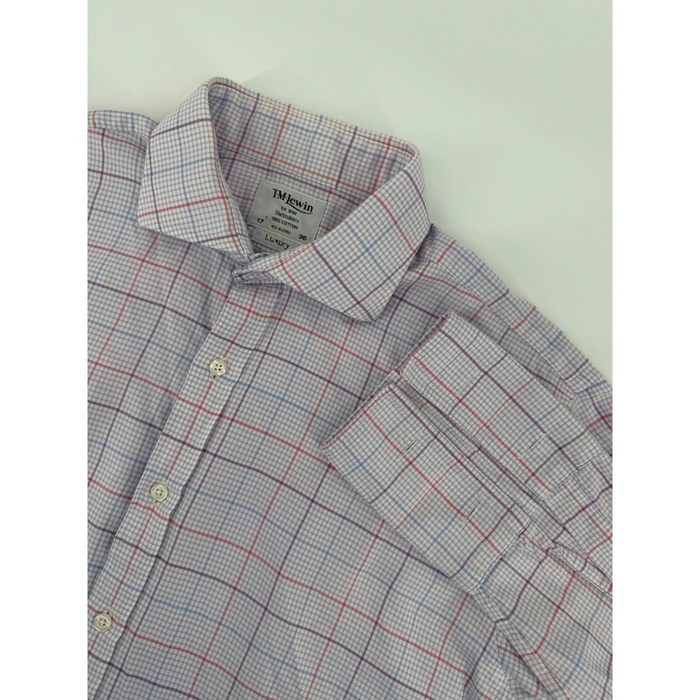 TM Lewin Luxury Shirt 17 36 Mens French Cuff Purple Plaid Checkered Long‎ Sleeve
